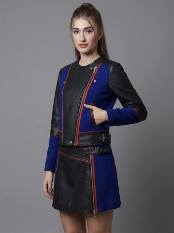 Women's Genuine Leather Jacket & Mini Skirt Set | Black Blue Color Block Biker Jacket | Asymmetrical Zip Motorcycle Leather Outfit | Designer Co-Ord Set