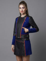 Women's Genuine Leather Jacket & Mini Skirt Set | Black Blue Color Block Biker Jacket | Asymmetrical Zip Motorcycle Leather Outfit | Designer Co-Ord Set