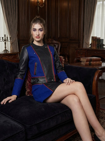 Women's Genuine Leather Jacket & Mini Skirt Set | Black Blue Color Block Biker Jacket | Asymmetrical Zip Motorcycle Leather Outfit | Designer Co-Ord Set