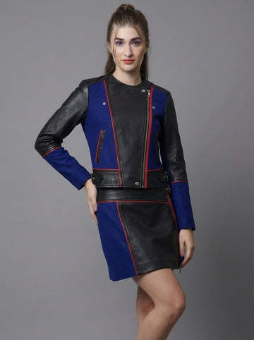 Women's Genuine Leather Jacket & Mini Skirt Set | Black Blue Color Block Biker Jacket | Asymmetrical Zip Motorcycle Leather Outfit | Designer Co-Ord Set