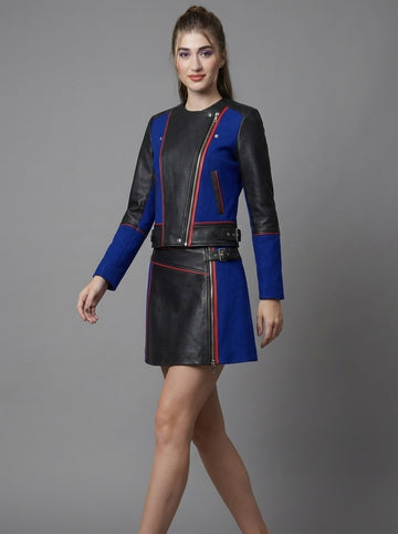 Women's Genuine Leather Jacket & Mini Skirt Set | Black Blue Color Block Biker Jacket | Asymmetrical Zip Motorcycle Leather Outfit | Designer Co-Ord Set