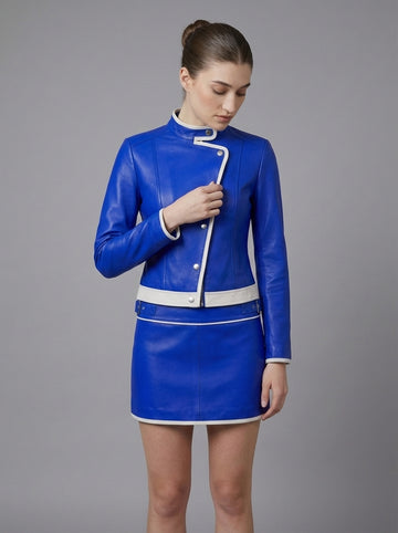 Women's Genuine Blue Leather Jacket & Mini Skirt Set | Racing Biker Leather Jacket | Asymmetrical Motorcycle Co-Ord | Custom Cyberpunk Outfit