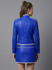 Women's Genuine Blue Leather Jacket & Mini Skirt Set | Racing Biker Leather Jacket | Asymmetrical Motorcycle Co-Ord | Custom Cyberpunk Outfit