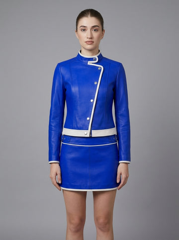 Women's Genuine Blue Leather Jacket & Mini Skirt Set | Racing Biker Leather Jacket | Asymmetrical Motorcycle Co-Ord | Custom Cyberpunk Outfit