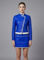 Women's Genuine Blue Leather Jacket & Mini Skirt Set | Racing Biker Leather Jacket | Asymmetrical Motorcycle Co-Ord | Custom Cyberpunk Outfit