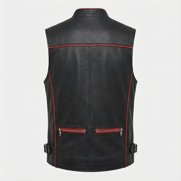Men’s black leather vest with red zipper accents front view