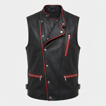 Men’s black leather vest with red zipper accents front view