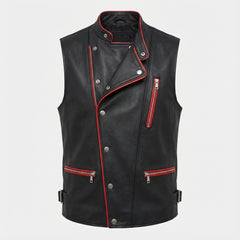 Men’s Black Leather Vest with Red Zipper Accents – Asymmetrical Statement Wear