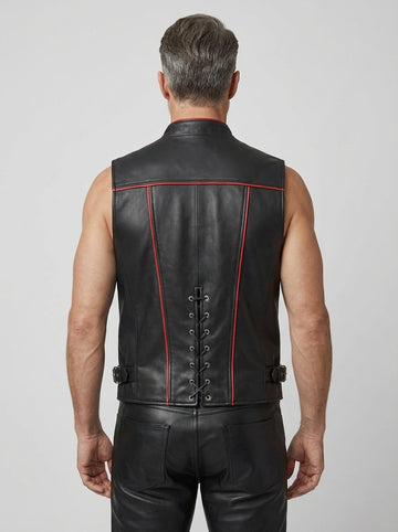 Men’s black leather vest with red zipper accents front view