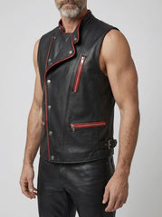 Asymmetrical leather vest with stand collar men