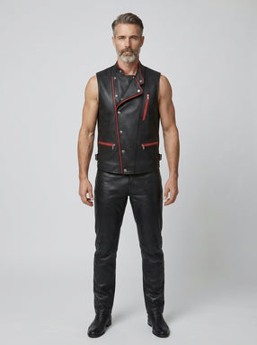 Men’s black leather vest with red zipper accents front view