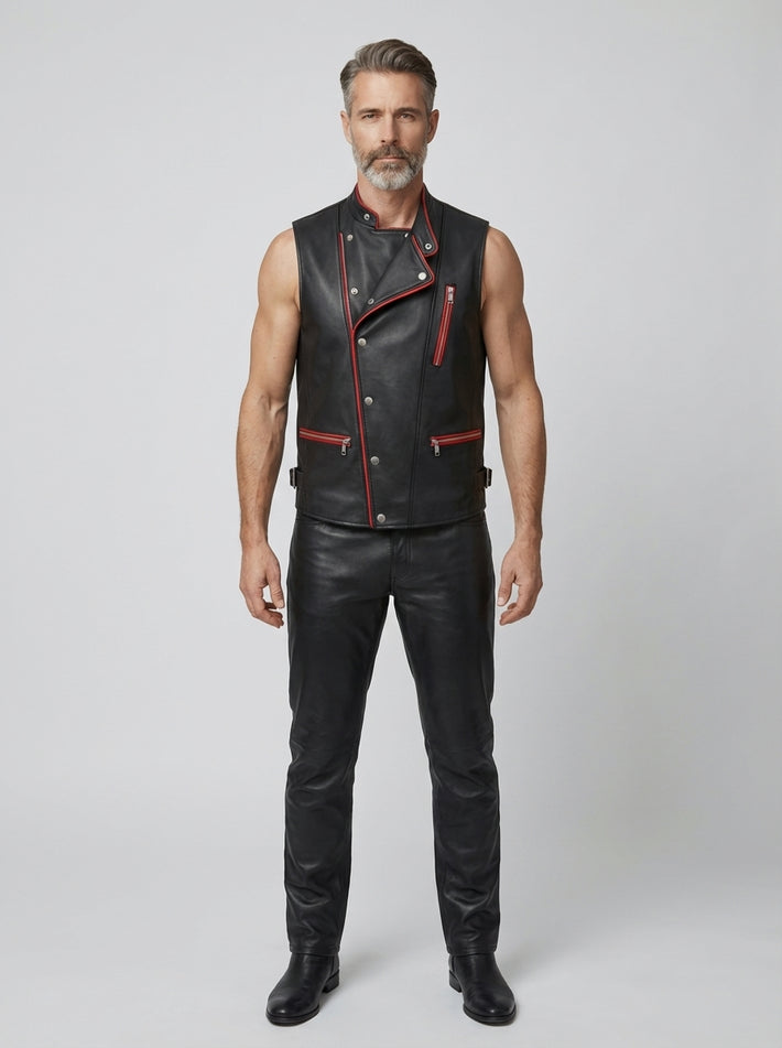 Men’s black leather vest with red zipper accents front view