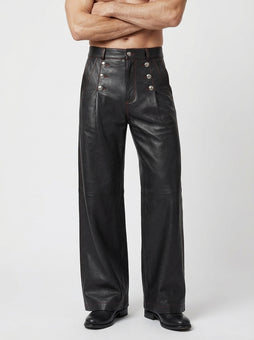Men’s black leather high waist button pants front view