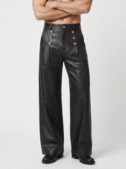 Men’s black leather high waist button pants front view
