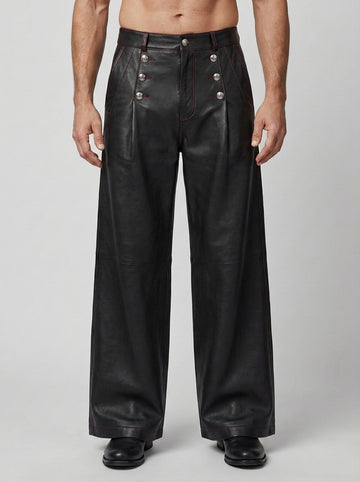 Men’s black leather high waist button pants front view