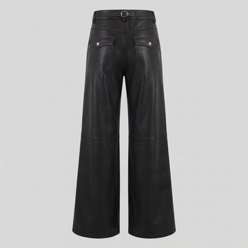 Men’s black leather high waist wide leg pants front view