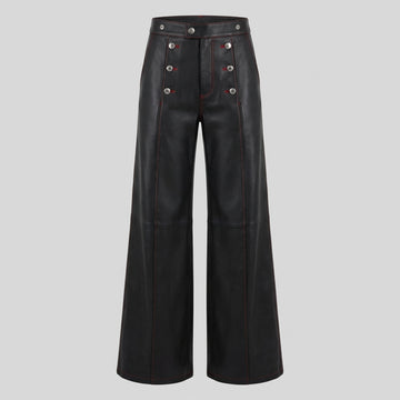 Men’s black leather high waist wide leg pants front view