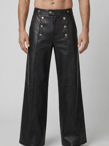 Men’s black leather high waist wide leg pants front view