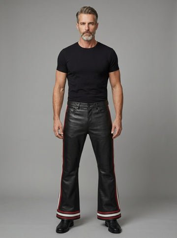 Men’s black leather pants with red side stripes front view