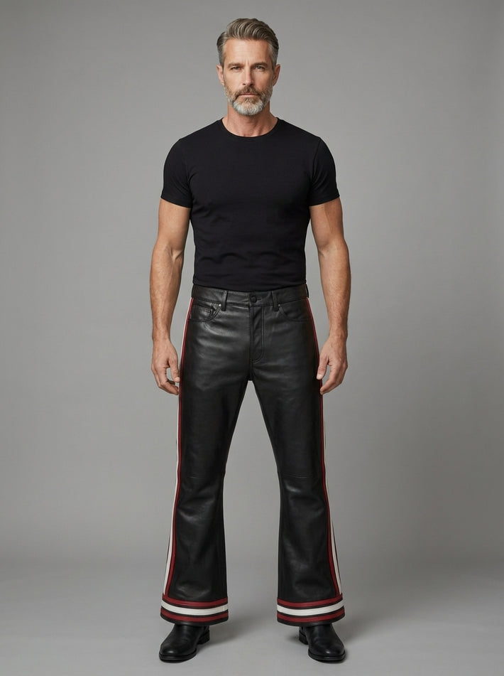 Men’s black leather pants with red side stripes front view