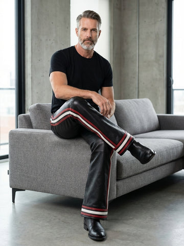 Men’s black leather pants with red side stripes front view