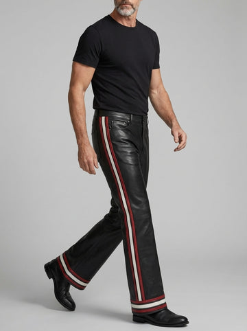 Men’s black leather pants with red side stripes front view
