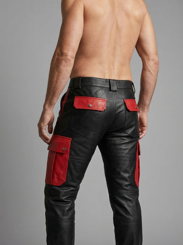 Leather Cargo Pants | Mens Leather Pants | Black & Red Cyberpunk Pants | Mens Black Goth Pants with Utility Pockets | Handmade Leather Trousers