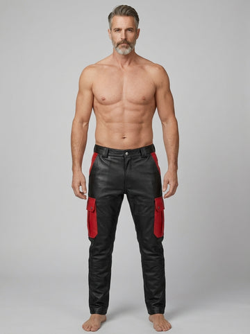 Leather Cargo Pants | Mens Leather Pants | Black & Red Cyberpunk Pants | Mens Black Goth Pants with Utility Pockets | Handmade Leather Trousers