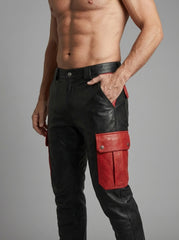 Leather Cargo Pants | Mens Leather Pants | Black & Red Cyberpunk Pants | Mens Black Goth Pants with Utility Pockets | Handmade Leather Trousers