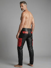 Leather Cargo Pants | Mens Leather Pants | Black & Red Cyberpunk Pants | Mens Black Goth Pants with Utility Pockets | Handmade Leather Trousers