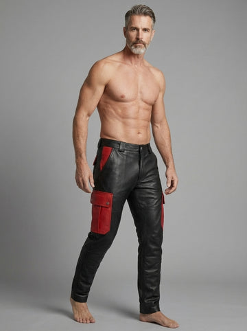 Leather Cargo Pants | Mens Leather Pants | Black & Red Cyberpunk Pants | Mens Black Goth Pants with Utility Pockets | Handmade Leather Trousers