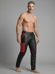 Leather Cargo Pants | Mens Leather Pants | Black & Red Cyberpunk Pants | Mens Black Goth Pants with Utility Pockets | Handmade Leather Trousers