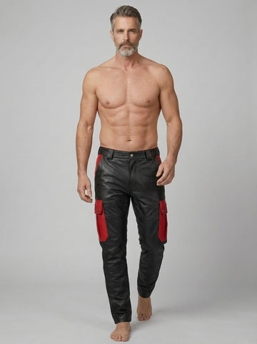 Leather Cargo Pants | Mens Leather Pants | Black & Red Cyberpunk Pants | Mens Black Goth Pants with Utility Pockets | Handmade Leather Trousers