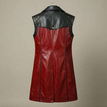 Men’s red sleeveless leather statement coat front view