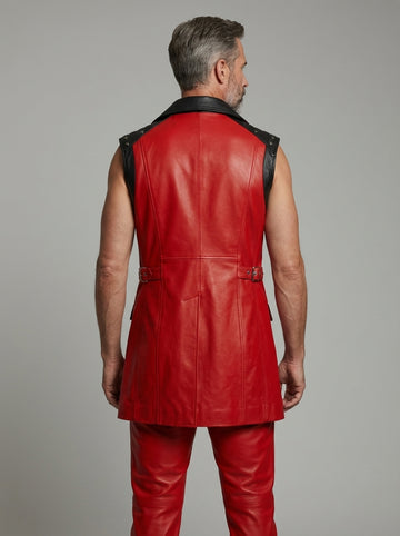 Men’s red sleeveless leather statement coat front view