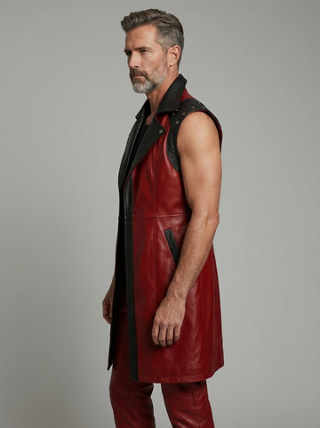 Men’s red sleeveless leather statement coat front view