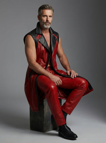 Men’s red sleeveless leather statement coat front view