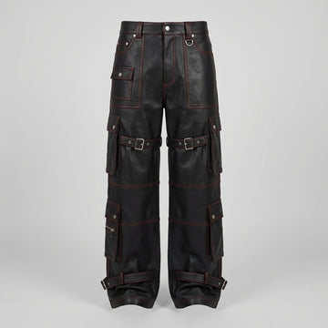 Men’s black leather cargo pants front view