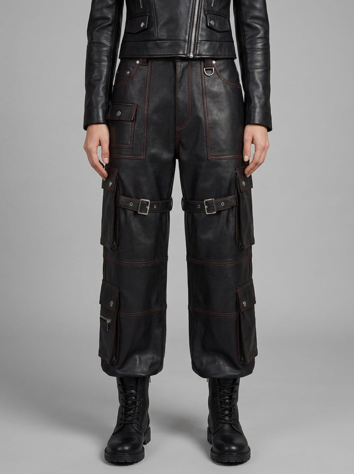 Men’s black leather cargo pants front view