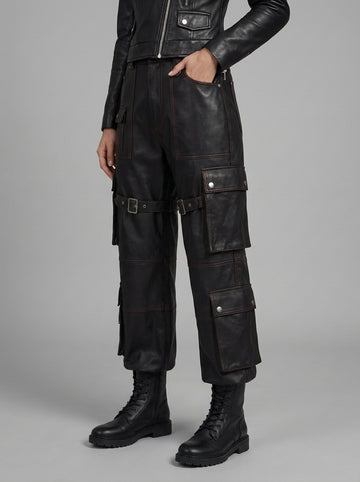 Men’s black leather cargo pants front view