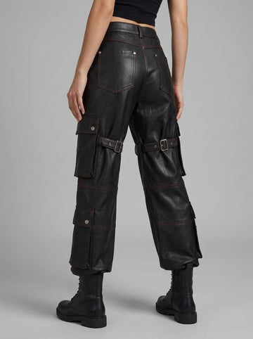 Men’s black leather cargo pants front view