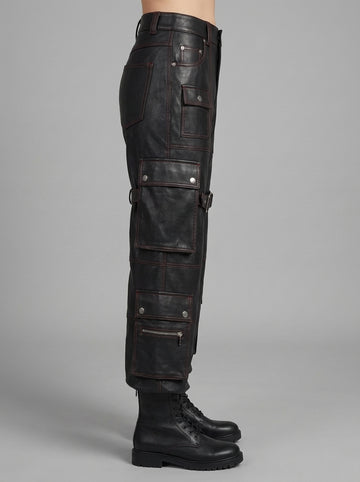 Men’s black leather cargo pants front view