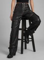Leather cargo pants with adjustable leg straps