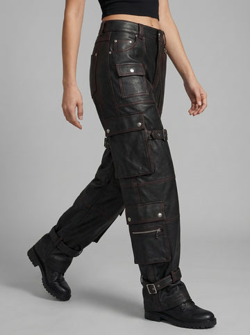 Men’s black leather cargo pants front view
