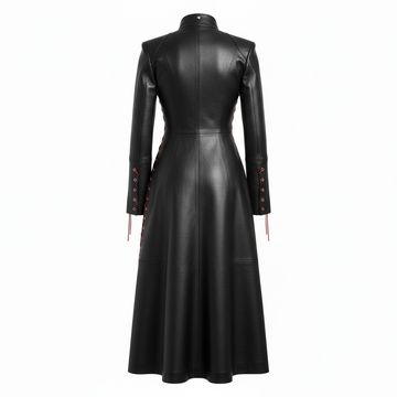 Women’s black leather asymmetrical long coat with gothic stand collar, chain detail, red lace up accents, and full length maxi silhouette - Rizwards Leather