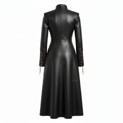 Back view of women’s black leather full length coat with tailored panels, long sleeves, fitted waist, and flared maxi coat hem - Rizwards Leather