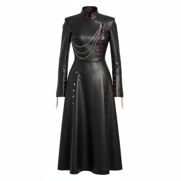 Women’s black leather asymmetrical long coat with gothic stand collar, chain detail, red lace up accents, and full length maxi silhouette - Rizwards Leather