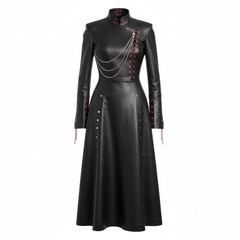 Black leather gothic long coat with red lace up accents, silver chains, studded details, stand collar, and fitted waist for women - Rizwards Leather