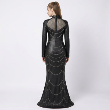 Black leather mermaid maxi dress with silver chain detail, studded gothic design, long sleeves, high neck collar, and floor length fishtail gown style - Rizwards Leather