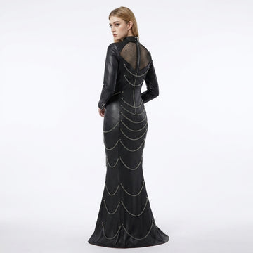 Black leather mermaid maxi dress with silver chain detail, studded gothic design, long sleeves, high neck collar, and floor length fishtail gown style - Rizwards Leather